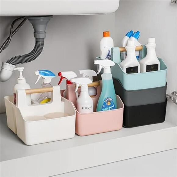 Portable Shower Caddy Basket Bathroom Organizer Tote with Bamboo Handle Storage - Picture 7 of 8